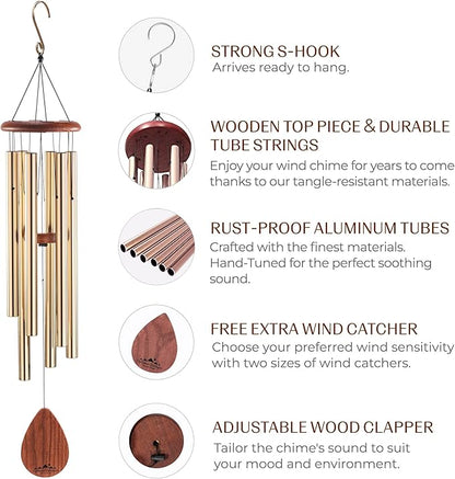 UpBlend XL Wind Chimes for Outside Gift – Deep Tone Wind Chime with Decorative Stone – Porch & Patio Decor, Elegant Outdoor Ornament, Garden Gifts. 38” Bronze.