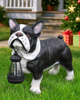 French Bulldog Statue with Solar Lantern - 14.96" Frenchie Garden Sculpture with Interchangeable Double-Sided "Welcome" & "On Patrol" Sign - Resin Dog Figurines for Outdoor Patio, Lawn, Porch Decor