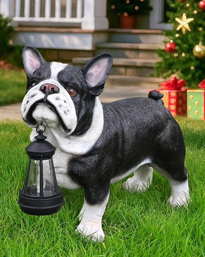 French Bulldog Statue with Solar Lantern - 14.96" Frenchie Garden Sculpture with Interchangeable Double-Sided "Welcome" & "On Patrol" Sign - Resin Dog Figurines for Outdoor Patio, Lawn, Porch Decor