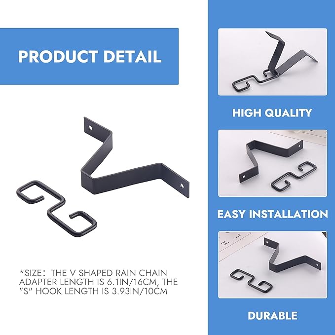 2 Pcs Heavy-Duty V-Shaped Rain Chain Gutter Adapter Clip S-Shaped Hooks Alloy Connector Holder for Rain Chains Adjustable Adapter for Gutter Chain Downspout Painted Hardware Black
