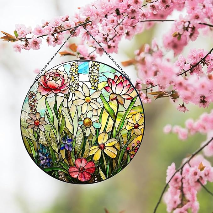 Stained Glass Window Hanging, Spring Colorful Wildflowers Plant Scenery Suncatcher for Window Doors Garden Home Decor, Botanical Floral Glass Panel Ornaments for Women,Men,Wife, Lovers, and Mom 7.8 in
