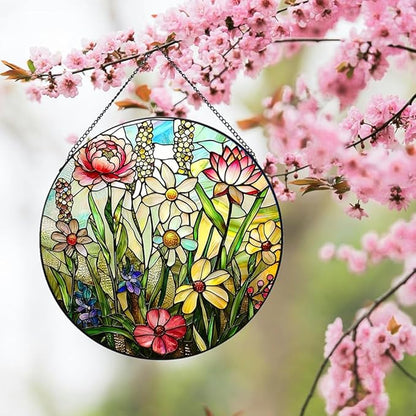 Stained Glass Window Hanging, Spring Colorful Wildflowers Plant Scenery Suncatcher for Window Doors Garden Home Decor, Botanical Floral Glass Panel Ornaments for Women,Men,Wife, Lovers, and Mom 7.8 in
