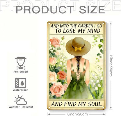 Garden Signs for Outside, Funny Metal Signs for Home Garden Patio Yard, Vintage Gardening Gifts for Women - and Into The Garden I Go, Wall Decor 12" x 8"