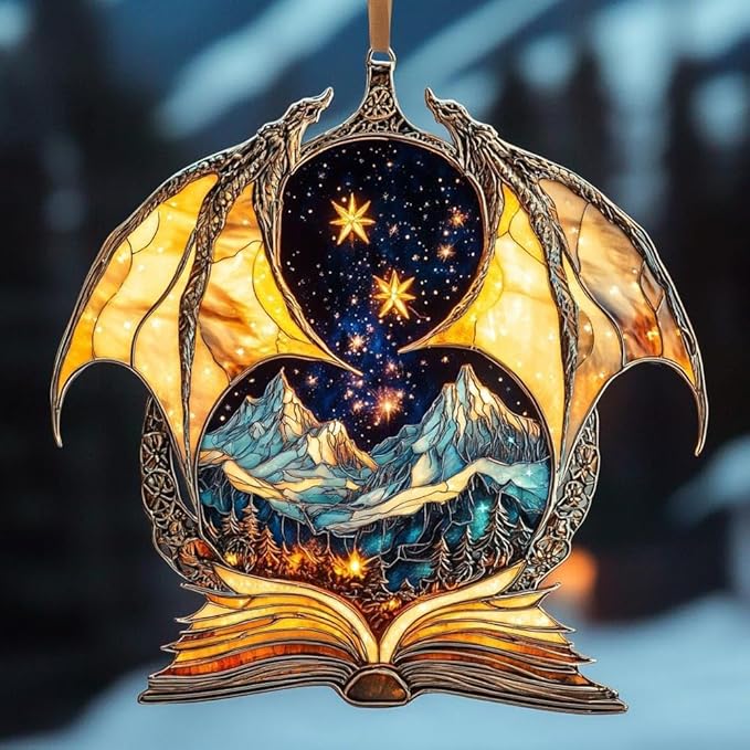 Bookish Dragon Acrylic Suncatcher, Boho Suncatchers for Window Hanging Ornament, Art Garden Decor for Book Lover Reader Bookworm, Gifts for Mother's Day, Mom, Grandma, Wife, Women, Nana