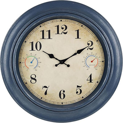 18 Inch Large Outdoor Wall Clock with Thermometer & Hygrometer, Waterproof Retro Blue Garden Clock for Patio, Pool, Backyard, Farmhouse Decor, Silent Non-Ticking