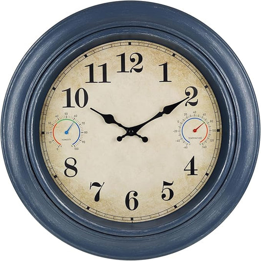 18 Inch Large Outdoor Wall Clock with Thermometer & Hygrometer, Waterproof Retro Blue Garden Clock for Patio, Pool, Backyard, Farmhouse Decor, Silent Non-Ticking