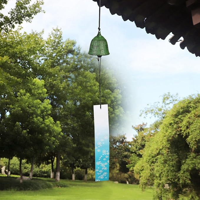 AUNMAS Wind Chimes for Outside, Japanese Cast Iron Wind Chime Zen Buddhist Temple Bell Design with Soothing Meditation Sound Unique Balcony Wnd Bell for Home Garden Decor(Green)