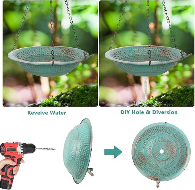 13 inch Rain Chain Basin, Metal Rain Chains Anchoring Bowl Dish, DIY Rain Chain Basin for Gutter Downspout, 2 Layer Hanging Birdbath for Outdoor Garden Patio Decor