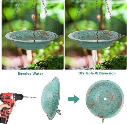 13 inch Rain Chain Basin, Metal Rain Chains Anchoring Bowl Dish, DIY Rain Chain Basin for Gutter Downspout, 2 Layer Hanging Birdbath for Outdoor Garden Patio Decor