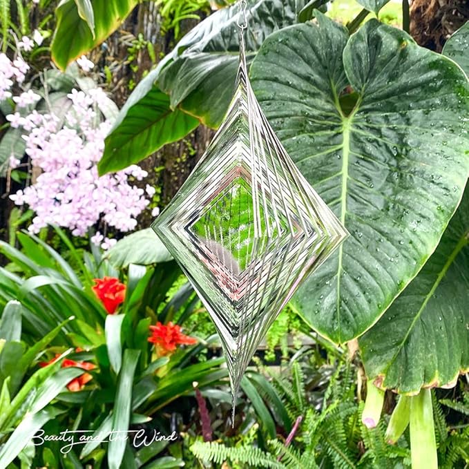 Wind Spinner Metal Garden Spinners Outdoor Garden Art for Backyard Outdoor Hanging Decor and Spinners for Yard and Garden Ornaments 3D Shape (Silver Diamond)
