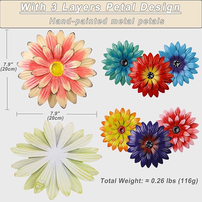 KorBabec 1 Pcs Metal Flower Wall Art Decor for Indoor Outdoor, 7.9" Metal Sunflower Wall Art for Garden Backyard Decor, Multiple Layer Hanging Flower Wall Decor for Bathroom, Living Room, Porch (Pink)