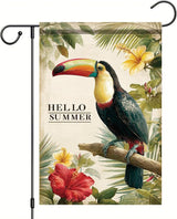 Hello Summer Garden Flag Tropical Toucan Bird Floral Leaves Outdoor Yard Porch Lawn Garden Decor for Beach Patio Cottage Farmhouse Seasonal Summer Home Display