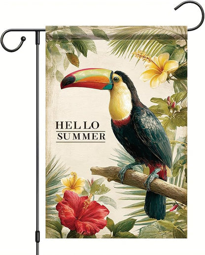Hello Summer Garden Flag Tropical Toucan Bird Floral Leaves Outdoor Yard Porch Lawn Garden Decor for Beach Patio Cottage Farmhouse Seasonal Summer Home Display
