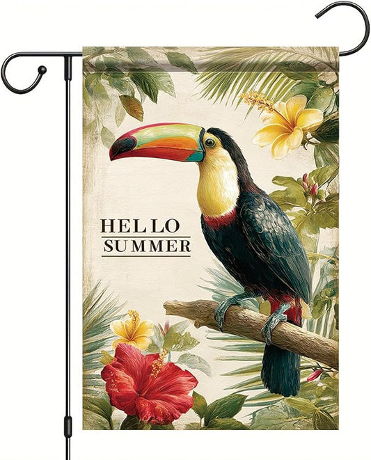 Hello Summer Garden Flag Tropical Toucan Bird Floral Leaves Outdoor Yard Porch Lawn Garden Decor for Beach Patio Cottage Farmhouse Seasonal Summer Home Display