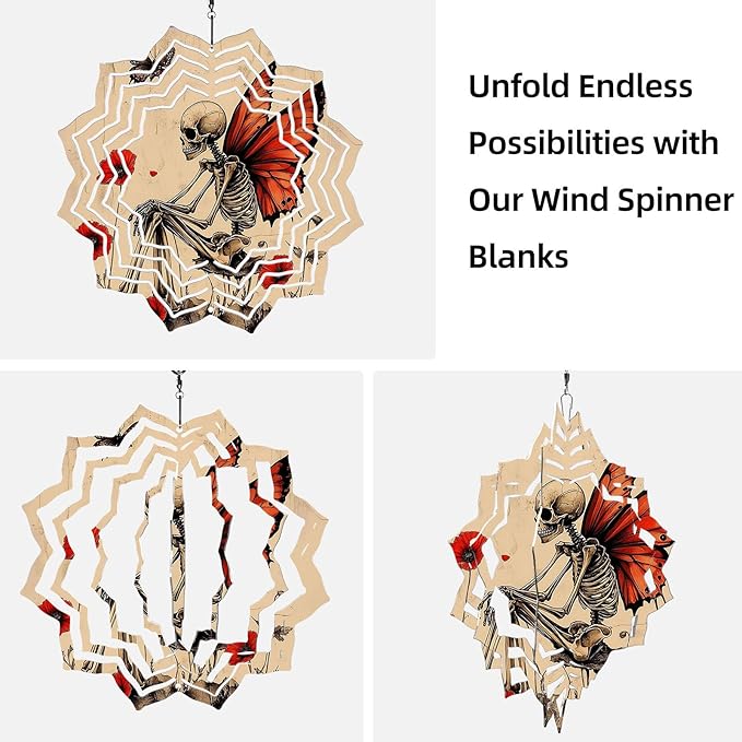 8 Inch Sublimation Wind Spinner, 3D Aluminum Metal Wind Spinner with Hook, Indoor Yard Garden Hanging Decoration, Weather Resistant Rotating Spiral Ornament, Skeleton with Butterfly Wings