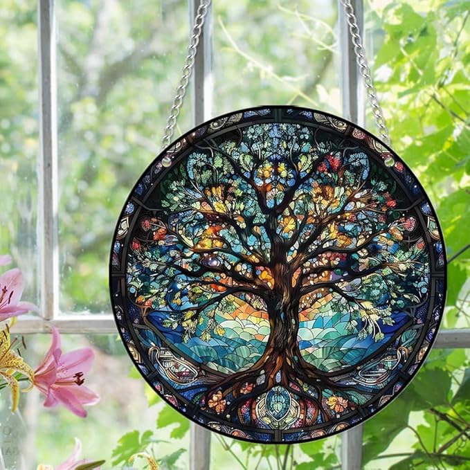 Tree of Life Stained Glass Window Hangings with Chain – Acrylic Tree Ornament for Garden, Patio and Indoor Decor, Housewarming Gift for Mom, Grandma and Nature Lovers