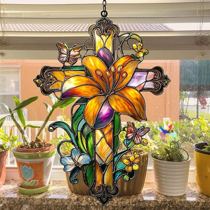 Floral Cross Acrylic Suncatcher Stained Glass Effect Window Car Hanging Christmas Ornament Indoor Outdoor Decor Garden Memorial Sun Catcher for Family Christmas Jesus Gift for Women Mom Grandma