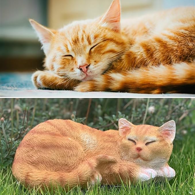 Garden Decor Cat Statue Outdoor, Figurines & Sculpture Decoration, Sleeping Cat Decor for Patio, Porch and Lawn, Gifts for Mom, Memorial Stone