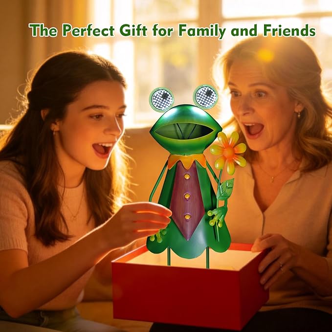 HONGLAND Solar Frog Garden Statue with Blinking LED Eyes, 21“ Metal Frog Yard Decorations Outdoor for Patio Backyard Garden Decor, Unique Birthday Housewarming Gifts for Women Mom Grandma