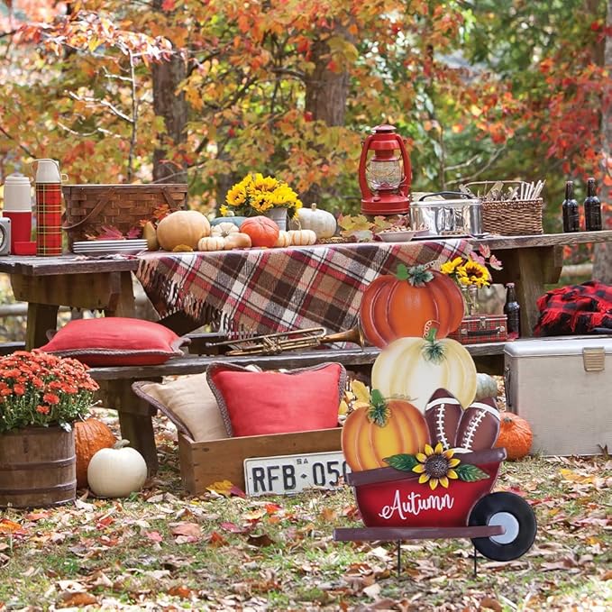 YEAHOME Fall Decorations Outdoor, Stacked Pumpkin Football Wheelbarrow Decorative Garden Stakes, Autumn Metal Cart Yard Signs for Home Outside Garden Lawn Porch Decor, Thanksgiving Decorations
