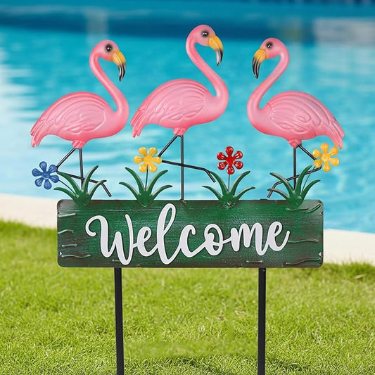 43.3inch Flamingo Garden Stakes with Vintage Welcome Yard Sign, Flamingo Outdoor Decor Metal Yard Art Ornaments for Outside Landscape, for Wife