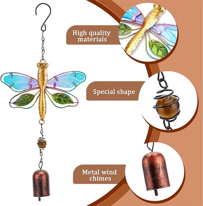 GORGECRAFT Dragonfly Wind Chime Metal Glass Music Wind Bell 14.2" Romantic Colorful Dragonfly Shaped Hanging Ornaments with Chime Gifts for Women Garden Patio Yard Party Indoor Outdoor Decorations