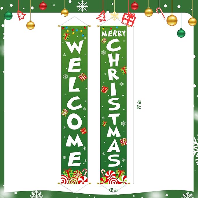 Ivenf Outdoor Christmas Decorations Yard: Cute Green White Front Porch Sign Banner, Welcome Merry Christmas Candy Decorations for Home, Indoor Outdoor Xmas Wall Front Door Yard Garage Décor