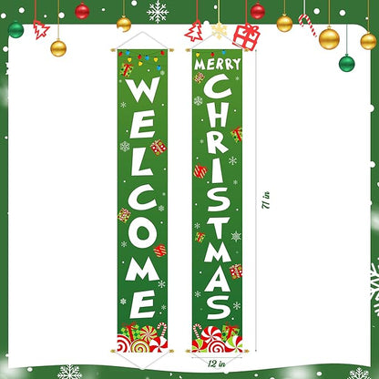 Ivenf Outdoor Christmas Decorations Yard: Cute Green White Front Porch Sign Banner, Welcome Merry Christmas Candy Decorations for Home, Indoor Outdoor Xmas Wall Front Door Yard Garage Décor