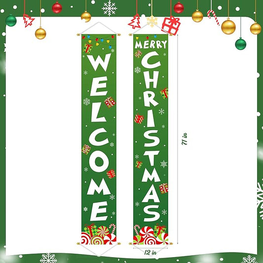Ivenf Outdoor Christmas Decorations Yard: Cute Green White Front Porch Sign Banner, Welcome Merry Christmas Candy Decorations for Home, Indoor Outdoor Xmas Wall Front Door Yard Garage Décor