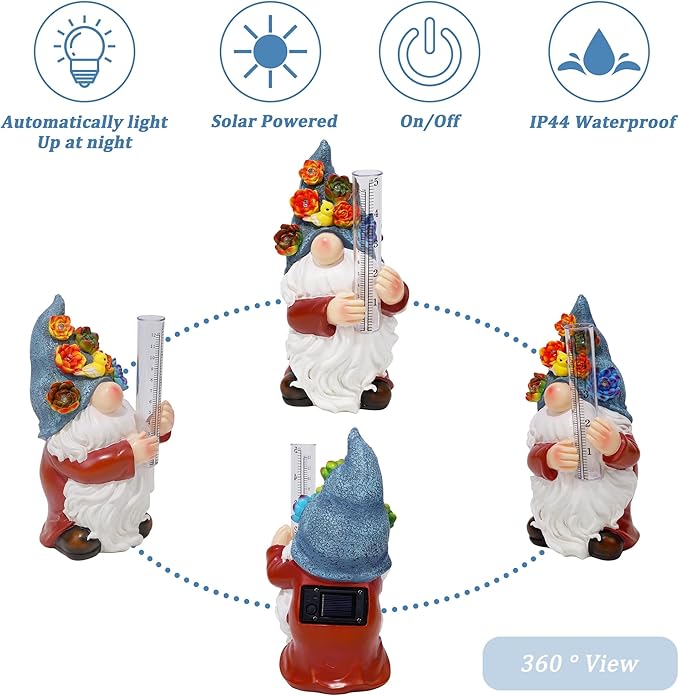 FORUP Resin Gnome Solar Rain Gauges, Resin Garden Gnome Statue with a Plastic Rain Gauge, Hand Painted Gnome Sculpture Water Gauge for Rain