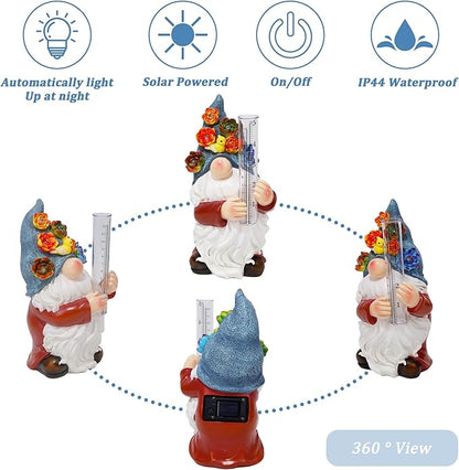FORUP Resin Gnome Solar Rain Gauges, Resin Garden Gnome Statue with a Plastic Rain Gauge, Hand Painted Gnome Sculpture Water Gauge for Rain