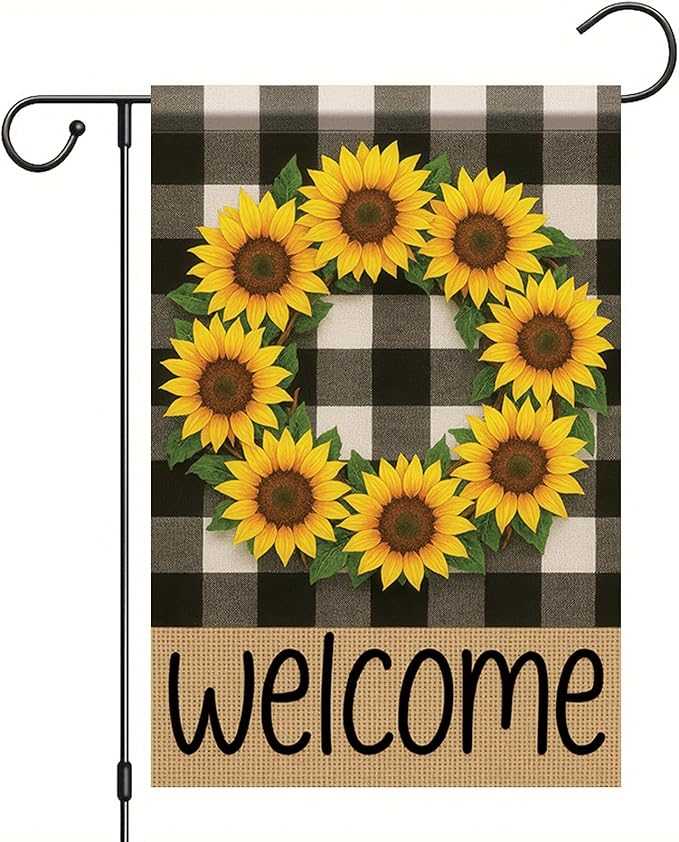 Buffalo Plaid Welcome Wreath Garden Flag Sunflower Flower Flag 12x18 Double Sided Tropical Floral Yard Decor Welcome Sign for Spring Summer Outdoor Porch Patio Lawn Farmhouse