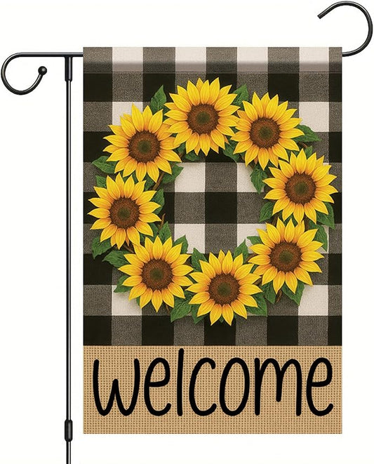 Buffalo Plaid Welcome Wreath Garden Flag Sunflower Flower Flag 12x18 Double Sided Tropical Floral Yard Decor Welcome Sign for Spring Summer Outdoor Porch Patio Lawn Farmhouse
