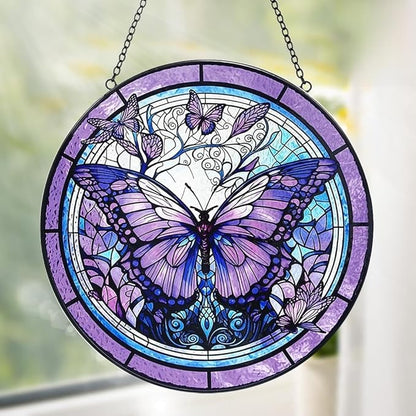 Butterfly Sun Catcher Stained Glass Window Hanging - Purple Butterfly Sun Catchers Wall Art Glass Panel - Handmade Suncatchers for Doors Home Garden Decor - Mothers Day Birthday Gifts for Mom Grandma