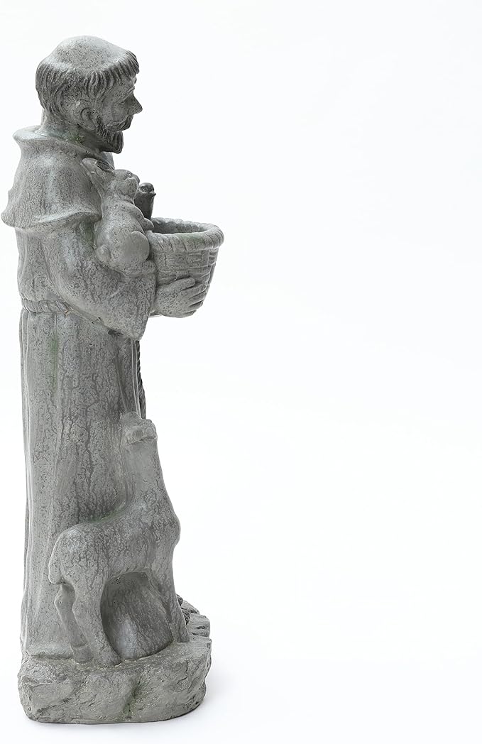 LuxenHome Outdoor St. Francis Statues, 27.6" Saint Francis of Assisi MgO Garden Statue with Animal & Birdbath Bowl, Religious Statues for Patio Yard Home Decor, Outdoor Garden Sculptures