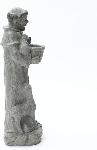 LuxenHome Outdoor St. Francis Statues, 27.6" Saint Francis of Assisi MgO Garden Statue with Animal & Birdbath Bowl, Religious Statues for Patio Yard Home Decor, Outdoor Garden Sculptures