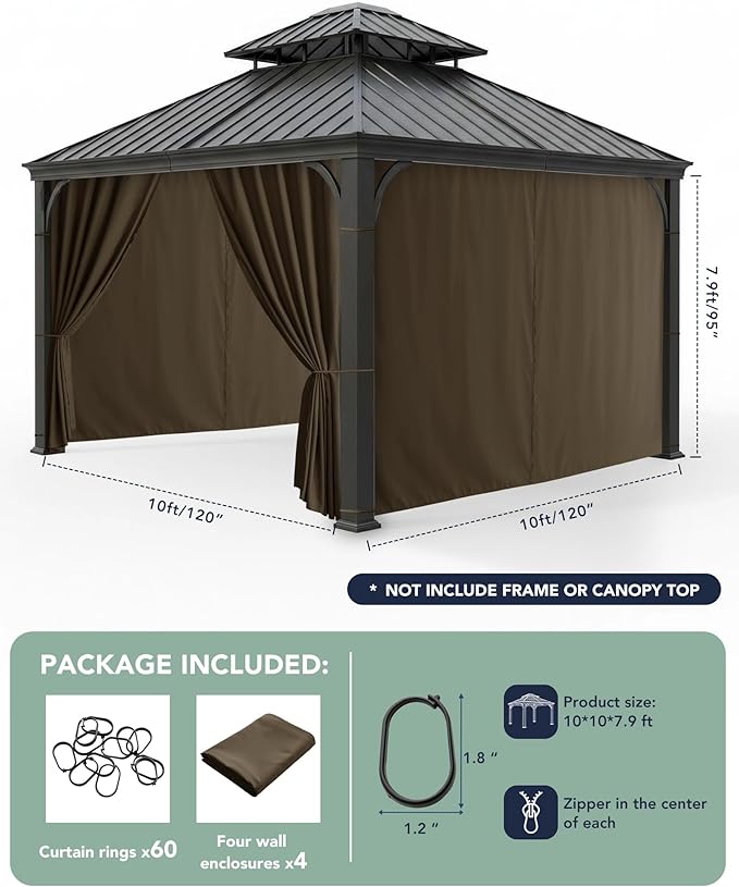Gazebo Curtains Outdoor Waterproof - 10'Wx10'Lx7'H Weatherproof Patio Pergola Outside Curtains, Gazebo Universal Replacement Privacy Curtains, 4 Panels Sidewall Drapes with Zipper, Brown