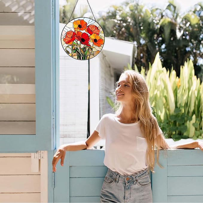 California Poppy Forest Sun Catcher 9.8'' Stained Glass Window Hanging Flower Lover Gifts for Women Red Poppy Kitchen Decor Suncatcher Decoration for Home Garden Housewarming Gifts