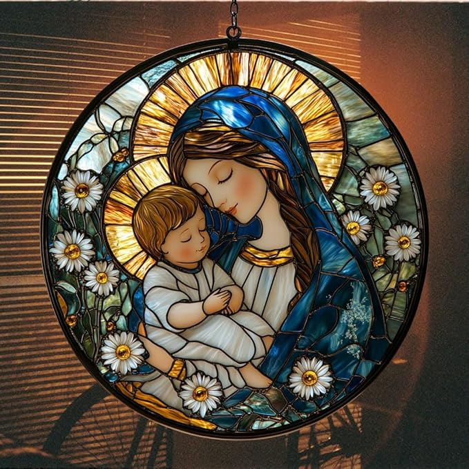 Virgin Mary Acrylic Suncatcher Stained Glass Effect Window Car Hanging Christmas Ornament Indoor Outdoor Decor Garden Memorial Sun Catcher for Family Christmas Jesus Gift for Women Mom Grandma