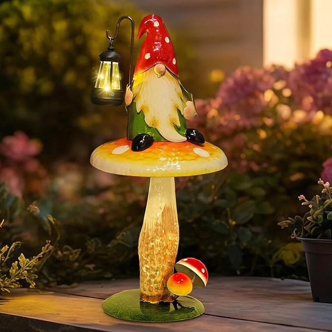 Solar Garden Gnomes Outdoor Statue, Waterproof Outdoor Mushroom Decor with Solar Lantern LED Lights for Yard, Patio, Lawn Ornaments, Valentines Day Gifts for Mom Women, Housewarming Gifts-16.5"
