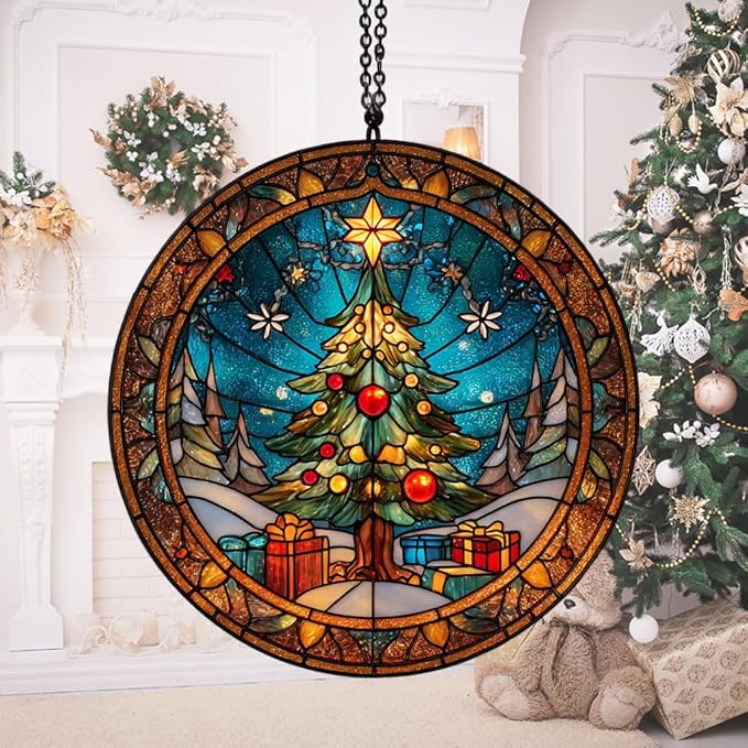 Christmas Tree Presents Acrylic Suncatcher Stained Glass Effect Window Car Hanging Christmas Ornament Indoor Outdoor Decor Garden Sun Catcher Panel for Women Mom Grandma