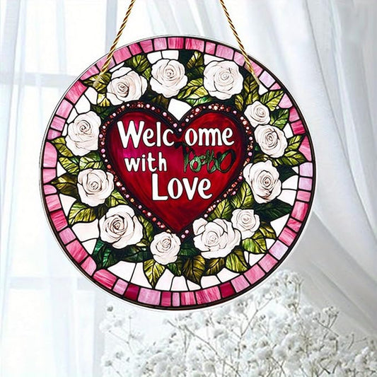1pcs Heart Sun Catcher for Window Hanging White Flower Stained Glass Window Suncatchers Round Valentine's Romantic Ornaments Room Home Decor for Wife Valentine's Day Gift