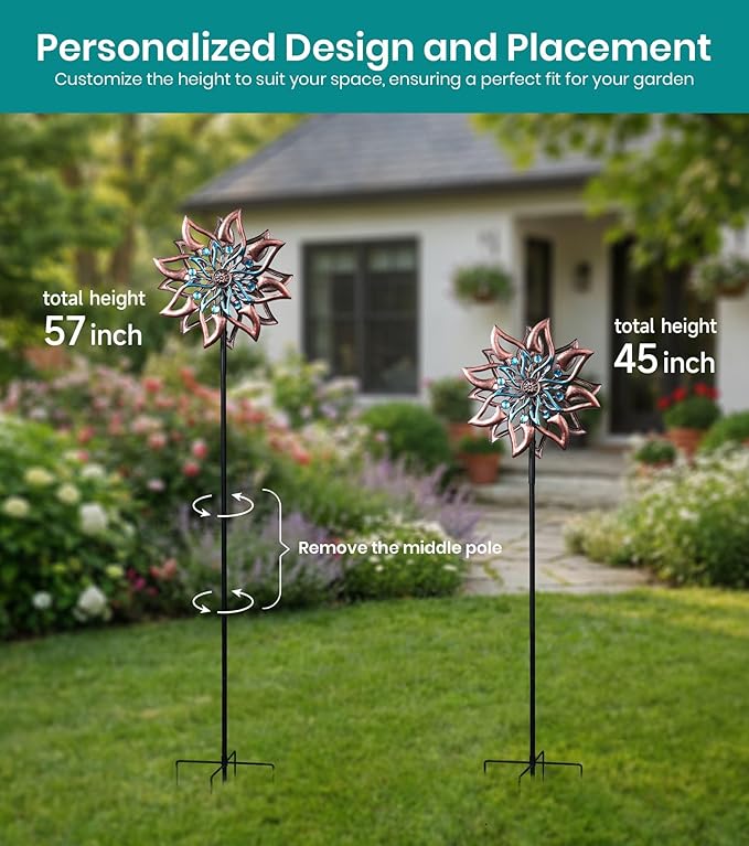 360° Garden Wind Spinner for Outdoor Yard Art – W13xH64 Kinetic Windmill for Garden, Lawn, and Patio – Dahlia-Inspired Copper and Teal Wind Spinners Outdoor Decorative Yard Art
