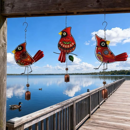 Cardinal Wind Chimes 3 Pack - Metal Wind Chimes for Outside, Waterproof Rustproof Garden Decor with Hanging Hooks, Home Decoration