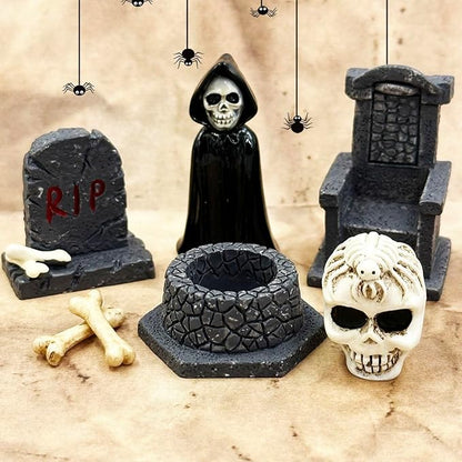 Suartus Halloween Miniature Figurines - 18Pcs Resin Ghost Tombstones Skull Heads Scene Ornaments Halloween Garden Accessories Mini Figurine Decorations for Outdoor Statues Home Village Crafts Decor