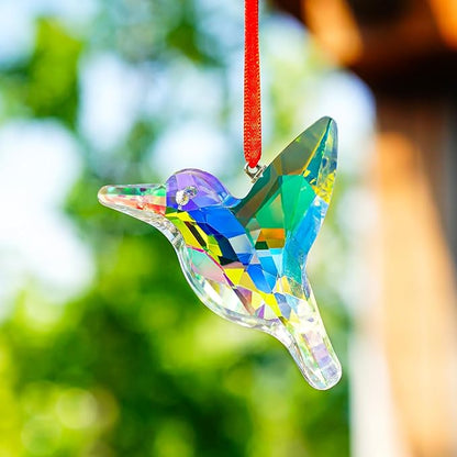 H&D HYALINE & DORA Set of 2,3" Crystal Sun Catcher Prisms, AB Colored Hummingbird Hanging Suncatchers, Glass Hummingbird Prisms for Windows, Garden Decor