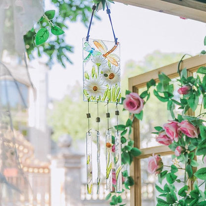 MUMTOP Wind Chimes for Outside-Wind Chimes Outdoor - Dragonfly and Daisy Colorful Stained Glass WindChimes Hanging Ornaments for Home Garden Decor