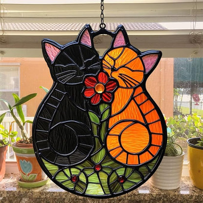Cute Loving Couple Cats Acrylic Suncatcher Stained Glass Effect Window Car Hanging Christmas Ornament Indoor Outdoor Decor Garden Sun Catcher Panel Gifts for Cat Lover for Women Mom Grandma