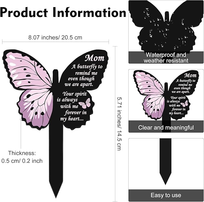 Geosar Mom Memorial Stakes Cemetery Grave Plaque Stake Markers Memorial Butterfly Plaques for Outdoors Sympathy Garden Stake Acrylic Waterproof Garden Grave Decoration(Cute Style)