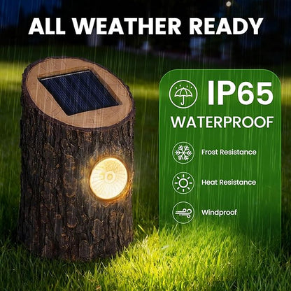 Solar Garden Lights Outdoor 2 Pack, Decorative Rustic Tree Stump Pathway Lights, Warm White Auto On/Off IP65 Waterproof Lights for Yard, Patio, Lawn, Flower Bed, Steps, Garden Decor Gifts